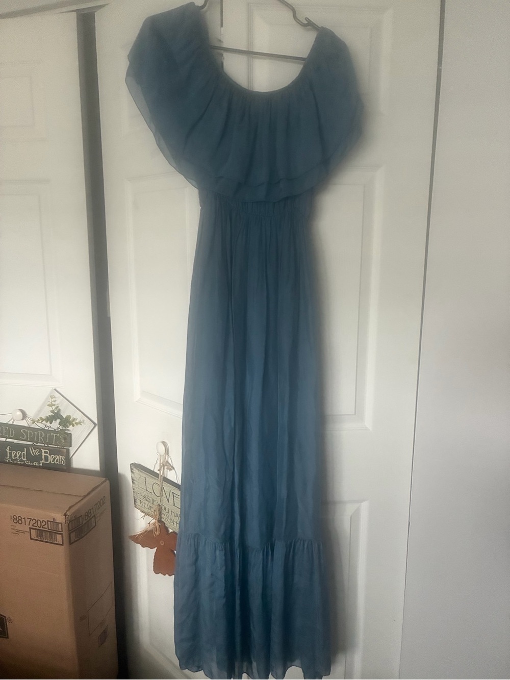 Made in Italy Blue Off-Shoulder silk
 Maxi Dress with Ruffle Yoke